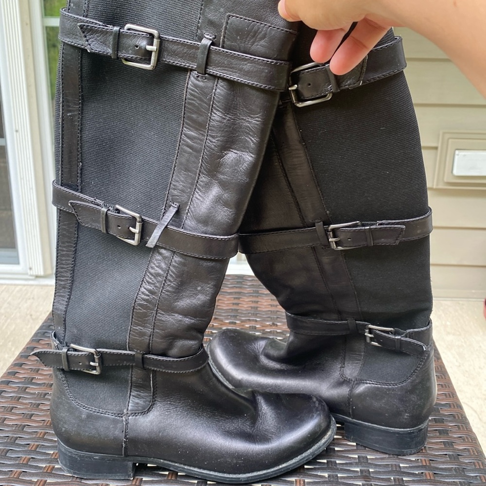 Arturo chiang black riding boots 6.5 leather front elastic back adjustable